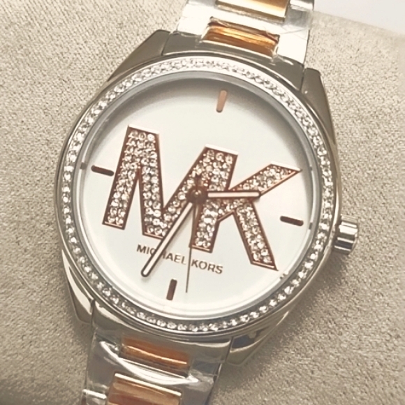 Michael Kors Janelle Women's Pave Crystal Watch MK Logo Dial Rose Gold Silver - Picture 3 of 6